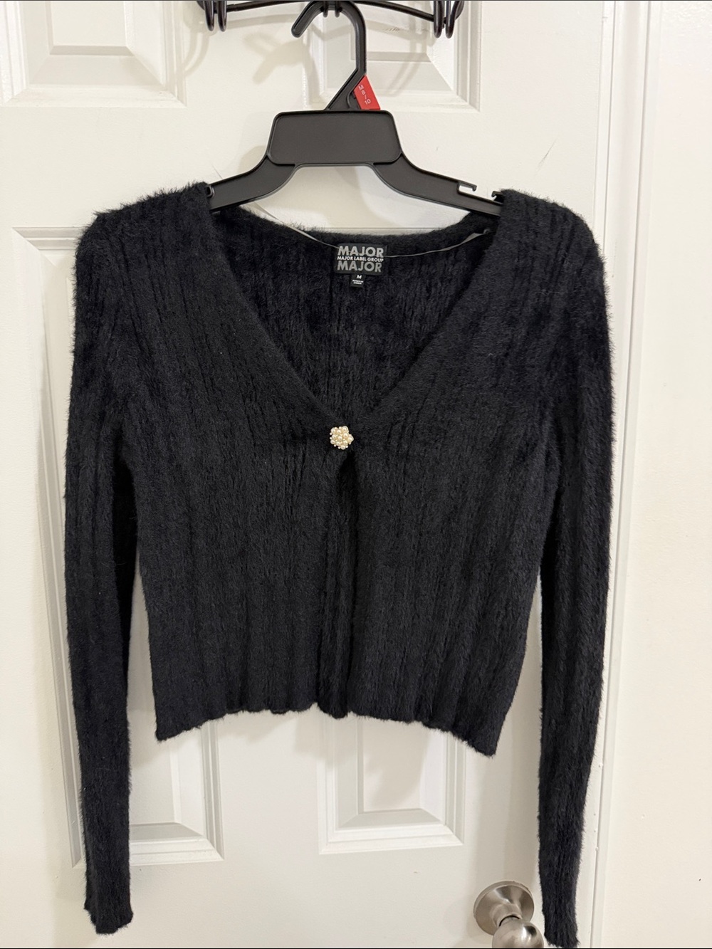 Black Fuzzy V-Neck Cardigan with Decorative Button Size Medium